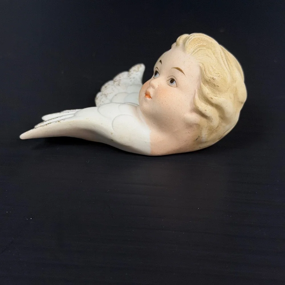 Vtg Lefton Wall Bisque Porcelain White Angel Cherub Set Gold Accent KW2342